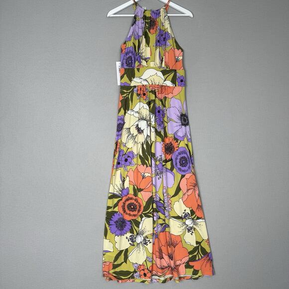 London Times Womens Dress 10 Green Floral Halter Maxi Jersey Resort Tropical - Picture 9 of 13